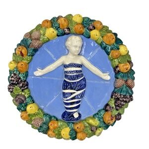 Vintage 8.5" Della Robbia Baby Jesus Majolica Wall‎ Plaque Italy Signed